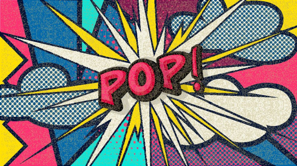 Illustrazione pop art con esplosione e scritta POP in blu, giallo e rosa con retini